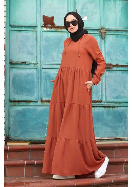 6531-KREP Kapşonlu Reglan Kollu Elbise Taba fiyatları