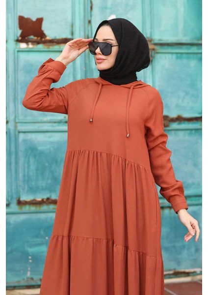 6531-KREP Kapşonlu Reglan Kollu Elbise Taba modelleri