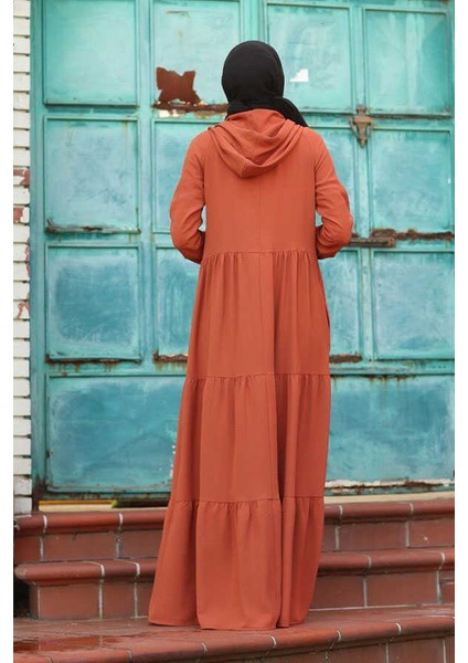 6531-KREP Kapşonlu Reglan Kollu Elbise Taba fırsatları