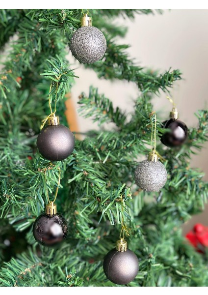 Yeni Yıl Yılbaşı Koyu Füme Gri Siyah 6 Lı Çam Ağacı Dekorasyon Süs Top Seti Simli Aynalı