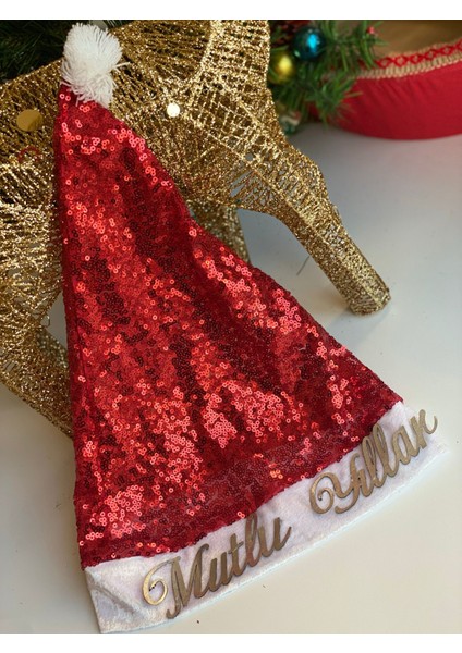 Yılbaşı Özel Pullu Payetli Kırmızı Mutlu Yıllar Yazılı Lüks Yeni Yıl Şapkası Ponponlu