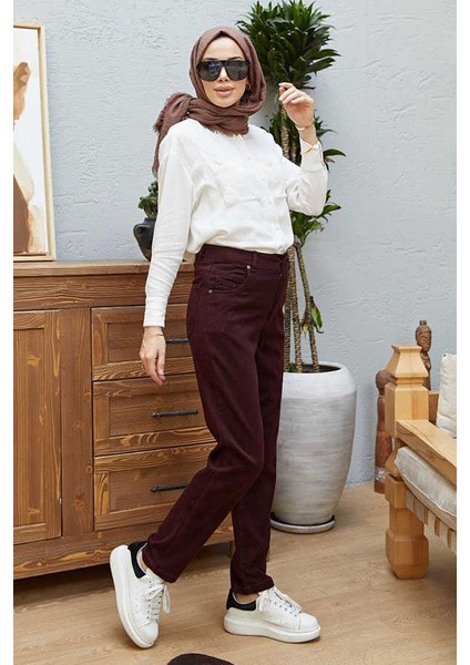 Bordo Yüksek Belli Dar Paça Pantolon Kadın Denim Kumaş Özellikli Şık Tasarım fiyatları