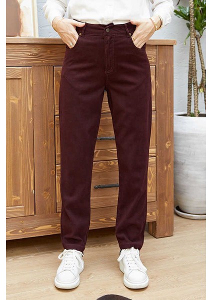 Bordo Yüksek Belli Dar Paça Pantolon Kadın Denim Kumaş Özellikli Şık Tasarım modelleri