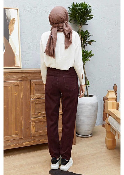 Bordo Yüksek Belli Dar Paça Pantolon Kadın Denim Kumaş Özellikli Şık Tasarım fırsatları