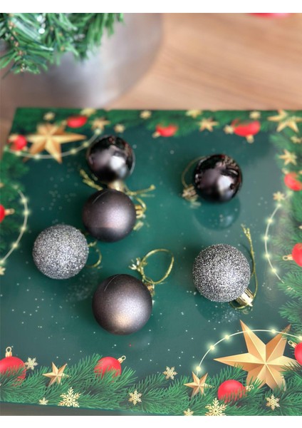 Yeni Yıl Yılbaşı Parlak Gümüş Gri 6 Lı Çam Ağacı Dekorasyon Süs Top Seti Simli Aynalı modelleri