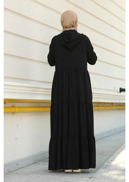 6531-KREP Kapşonlu Reglan Kollu Elbise Siyah