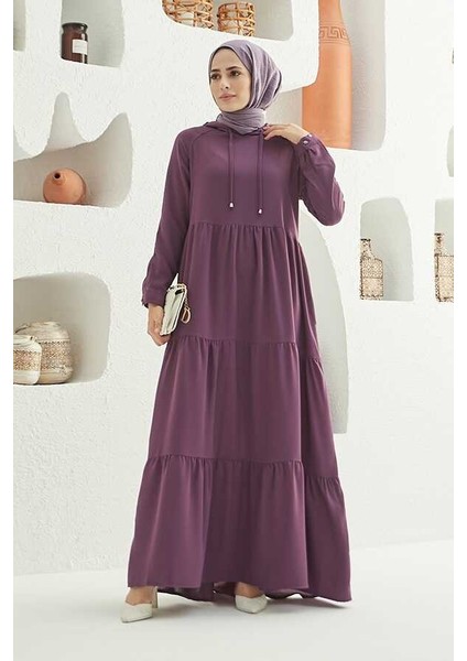 6531-KREP Kapşonlu Reglan Kollu Elbise Koyu Lila