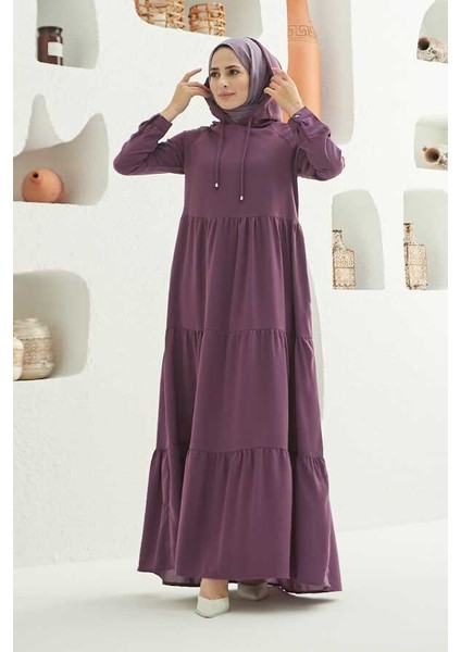 6531-KREP Kapşonlu Reglan Kollu Elbise Koyu Lila fiyatları