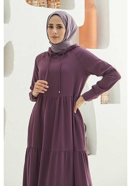 6531-KREP Kapşonlu Reglan Kollu Elbise Koyu Lila modelleri