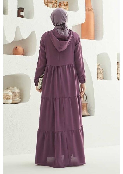 6531-KREP Kapşonlu Reglan Kollu Elbise Koyu Lila fırsatları