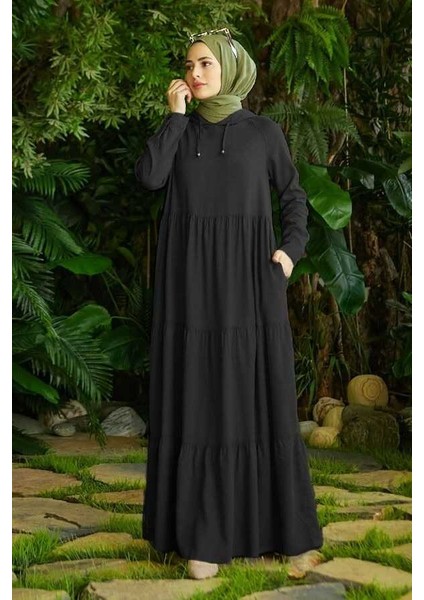 6531-PARÇA Boya Kapşonlu Reglan Kollu Elbise Siyah fiyatları