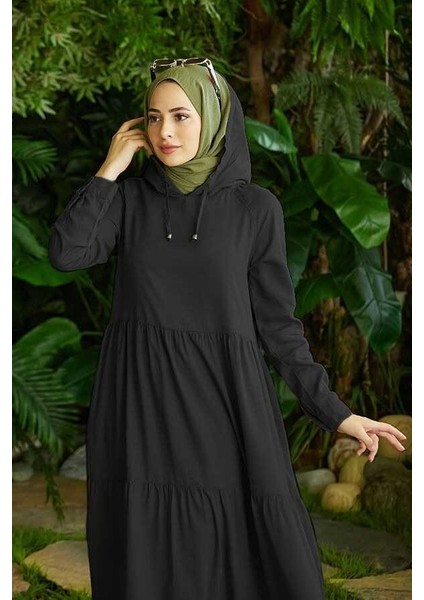 6531-PARÇA Boya Kapşonlu Reglan Kollu Elbise Siyah modelleri