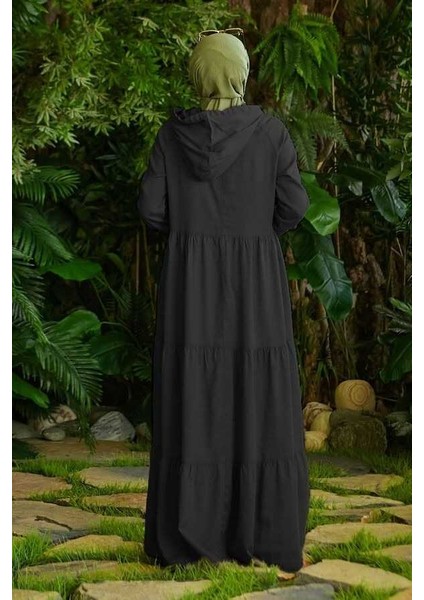 6531-PARÇA Boya Kapşonlu Reglan Kollu Elbise Siyah fırsatları