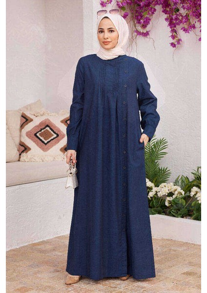 6508-YANDAN Düğmeli Ferace Lacivert