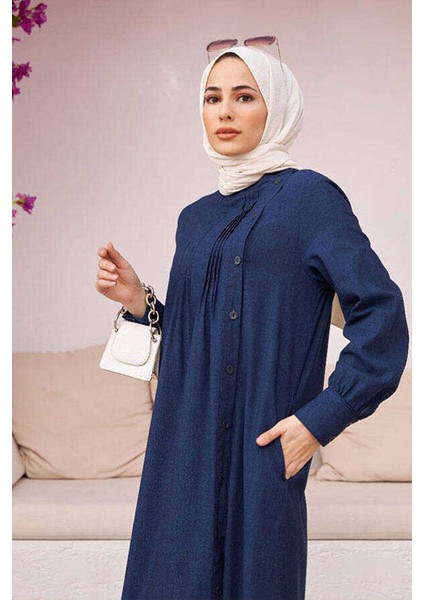 6508-YANDAN Düğmeli Ferace Lacivert modelleri