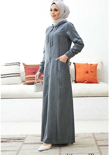 6463-KAPŞONLU Denim Ferace Gri fiyatları