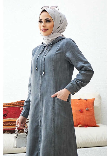 6463-KAPŞONLU Denim Ferace Gri modelleri