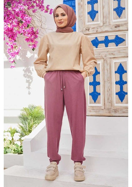 1151-LASTIKLI Pantolon Lila