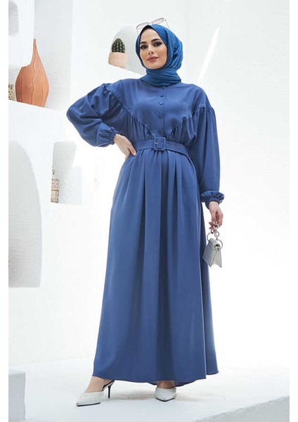6586-KREP Büzgülü Elbise Indigo