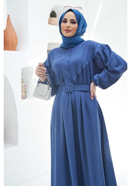 6586-KREP Büzgülü Elbise Indigo