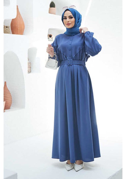 6586-KREP Büzgülü Elbise Indigo fiyatları