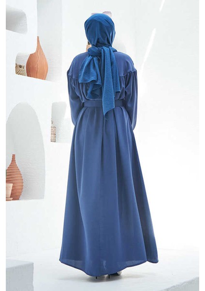 6586-KREP Büzgülü Elbise Indigo fırsatları