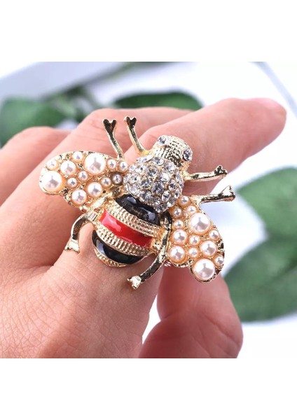Lüks Trend Moda Büyük Arı Zikron Taşlı Incili Metal Gold Kaplama Yüzük Ayarlanabilir