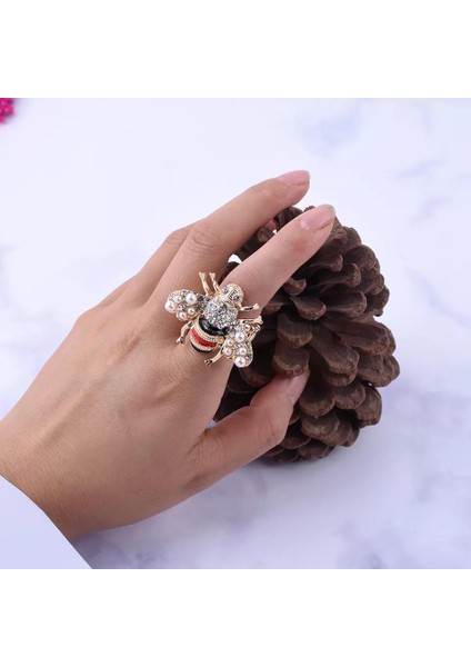 Lüks Trend Moda Büyük Arı Zikron Taşlı Incili Metal Gold Kaplama Yüzük Ayarlanabilir fiyatları