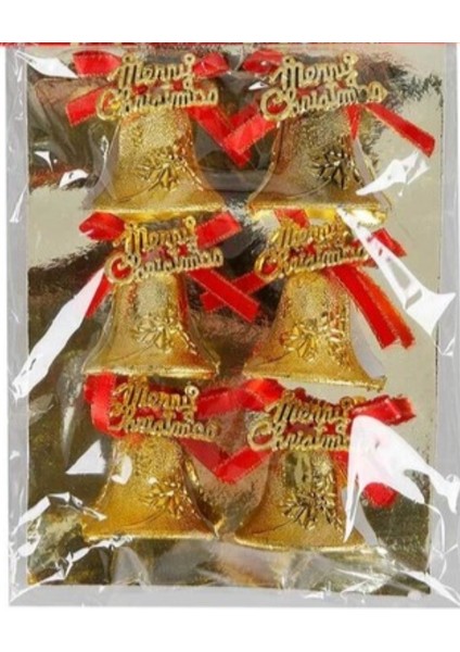 Yeni Yıl Yılbaş Ithal 6lı Merry Christmas Yazılı Çam Ağacı Dekorasyon Süs Çan Zil Gold Altın modelleri