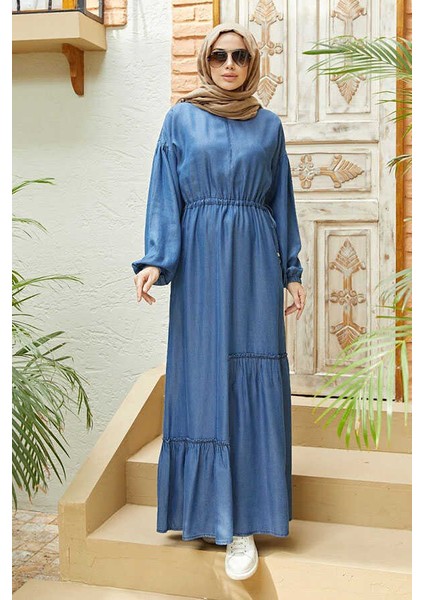 6570-ASIMETRIK Büzgülü Elbise Koyu Mavi