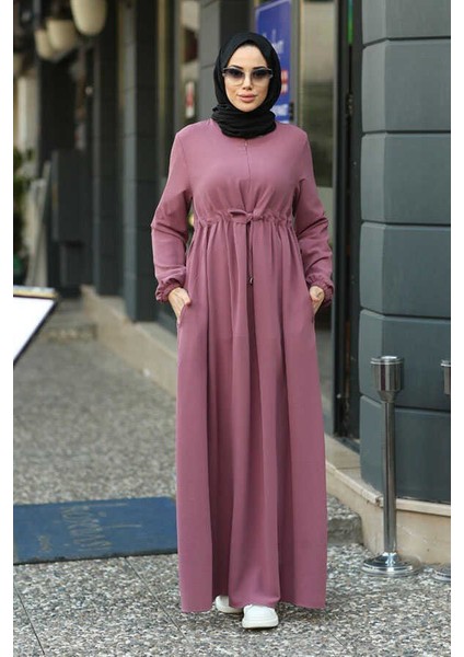 6497-KREP Süs Bağcıklı Büzgülü Elbise Gül Kurusu