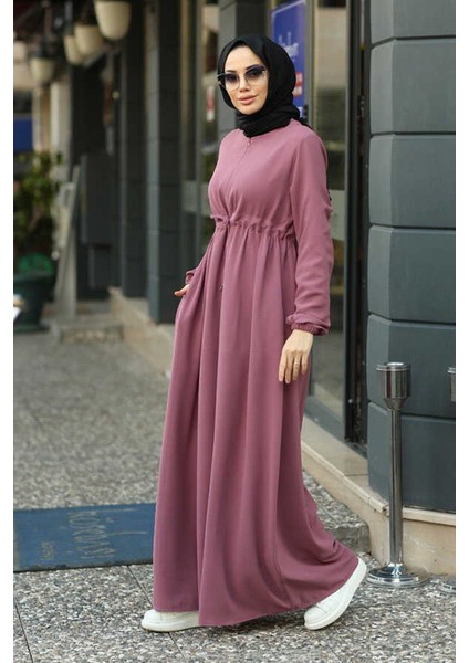 6497-KREP Süs Bağcıklı Büzgülü Elbise Gül Kurusu fiyatları