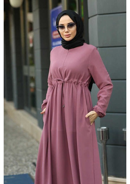 6497-KREP Süs Bağcıklı Büzgülü Elbise Gül Kurusu modelleri