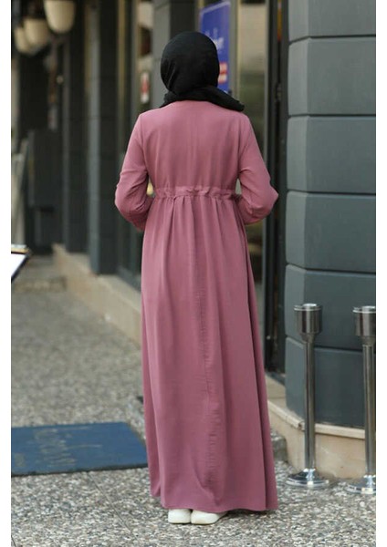 6497-KREP Süs Bağcıklı Büzgülü Elbise Gül Kurusu indirimleri