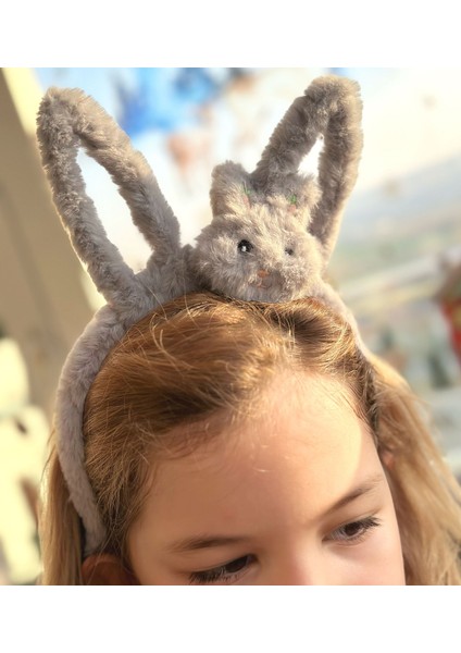 Trend Moda Sevimli Peluş Tüylü 3D Oyuncak Tavşan Kulaklı Taç Büyük Küçük Çocuk Tacı Gri