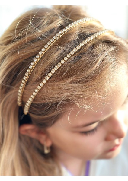 Trend Moda Lüks Kristal Su Yolu 2 Li Çift Sıra Taşlı Metal Taç Kadın Çocuk Tacı Gold Altın