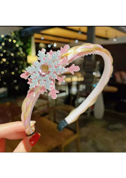 Elsa Anna Frozen Kristal Taşlı Simli Kar Tanesi Örgü Saçlı Taç Çocuk Tacı Simli Pembe