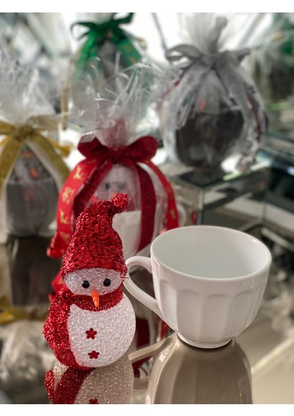 Yeni Yıl Yılbaşı Hediye Seti Işıklı Kardan Adam Dekorasyon Süs Büyük Porselen Kupa Fincan Kase Beyaz