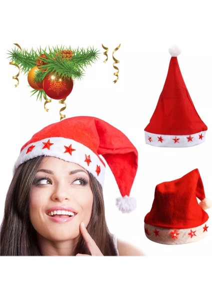 Yılbaşı LED Yıldız Işıklı Noel Baba Christmas Kırmızı Külah Şapka