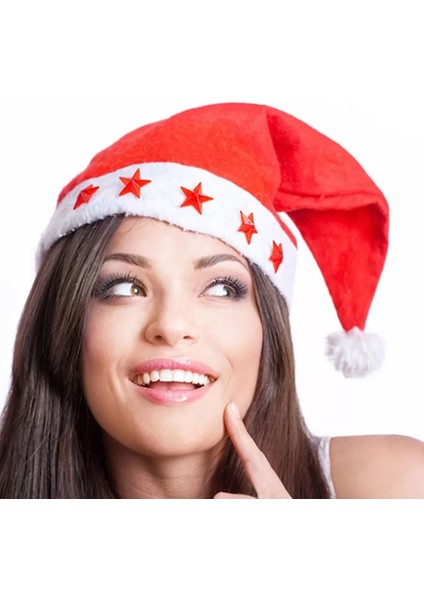 Yılbaşı LED Yıldız Işıklı Noel Baba Christmas Kırmızı Külah Şapka