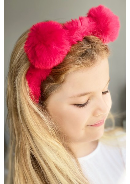 Peluş Pofuduk Tüylü Pon Pon Çocuk Tacı Ponpon Taç Kırmızı