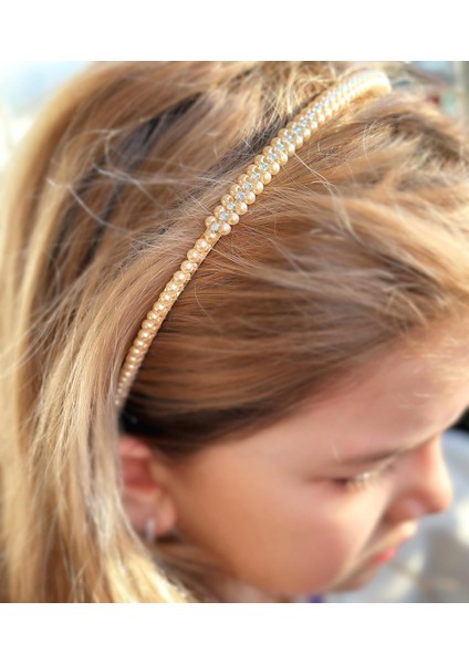 Trend Moda Lüks Kristal Su Yolu 3 Sıra Inci Taşlı Metal Taç Kadın Çocuk Tacı Gold Altın