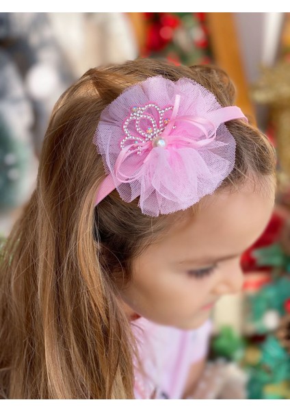 Prenses Taçlı Taşlı Tüllü Inci Çocuk Tacı Şeker Pembe