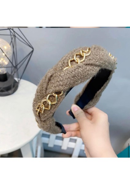 Yeni Sezon Moda Yün Örgü Metal Zincirli Lüks Taç Kahverengi