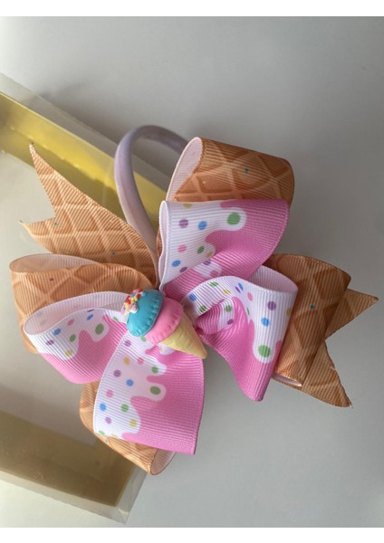 Beyaz Pembe Soft Renkli Ince Saten Ice Dondurma Figürlü Kornet Kurdele Fiyonk Taç Anne Kız Çocuk Bebek Tacı