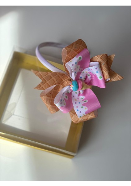 Beyaz Pembe Soft Renkli Ince Saten Ice Dondurma Figürlü Kornet Kurdele Fiyonk Taç Anne Kız Çocuk Bebek Tacı modelleri