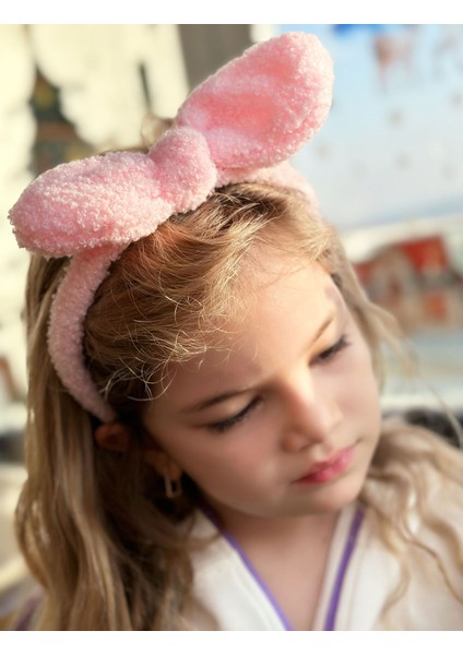 Yeni Trend Pofuduk Peluş Kuzu Tak Çıkart Hareketli Telli Büyük Fiyonklu Kadın Çocuk Tacı Pembe Taç