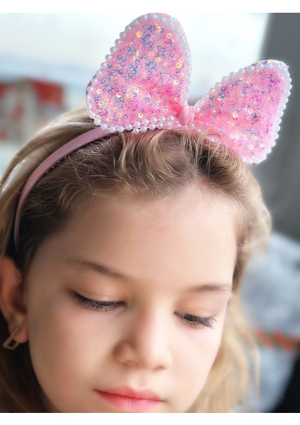 Trend Parlak Hologram Yanar Döner Pullu Büyük Fiyonklu Incili Minnie Mouse Taç Pembe