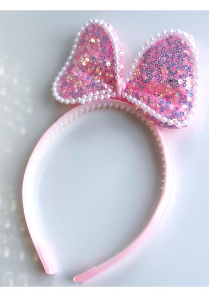 Trend Parlak Hologram Yanar Döner Pullu Büyük Fiyonklu Incili Minnie Mouse Taç Pembe