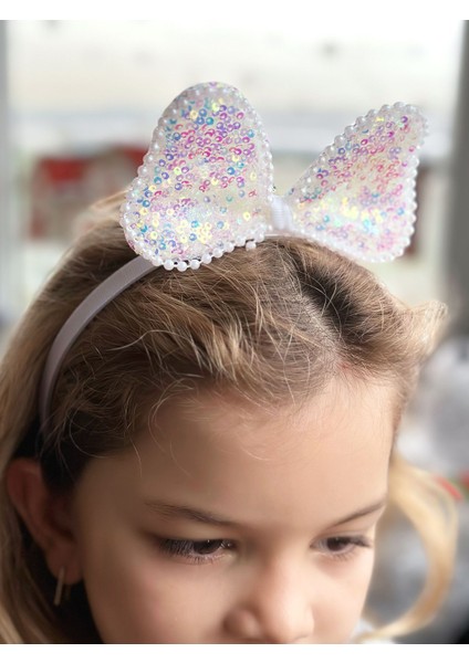 Trend Parlak Hologram Yanar Döner Pullu Büyük Fiyonklu Incili Minnie Mouse Taç Beyaz